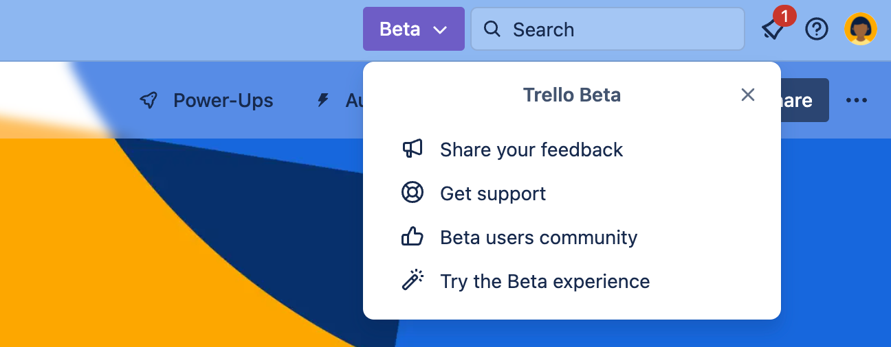 Trello global header showing an arrow pointing to the beta feedback menu.