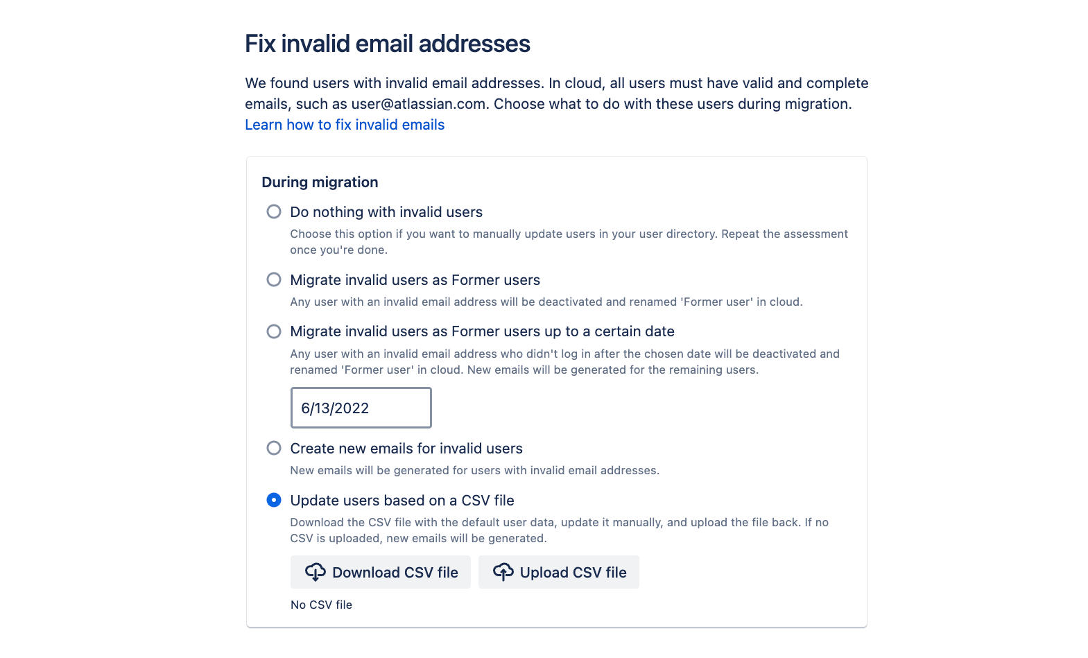 "Fix invalid email addresses" screen in Jira Cloud Migration Assistant.