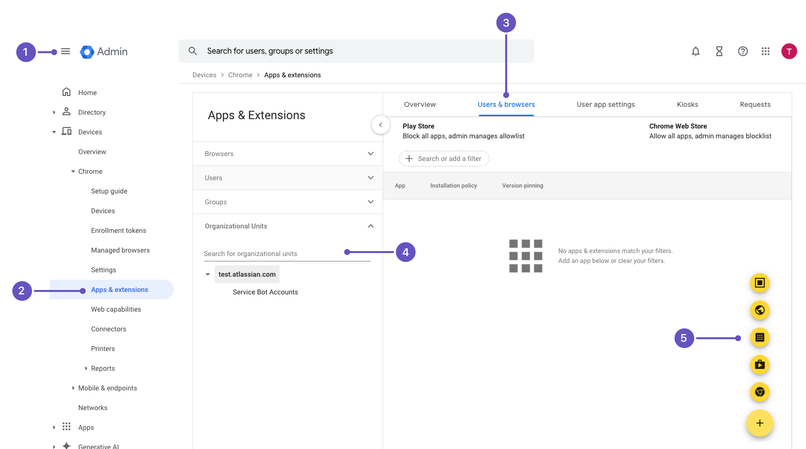 Screenshot of navigation through the steps of Google Admin Console to add the extension