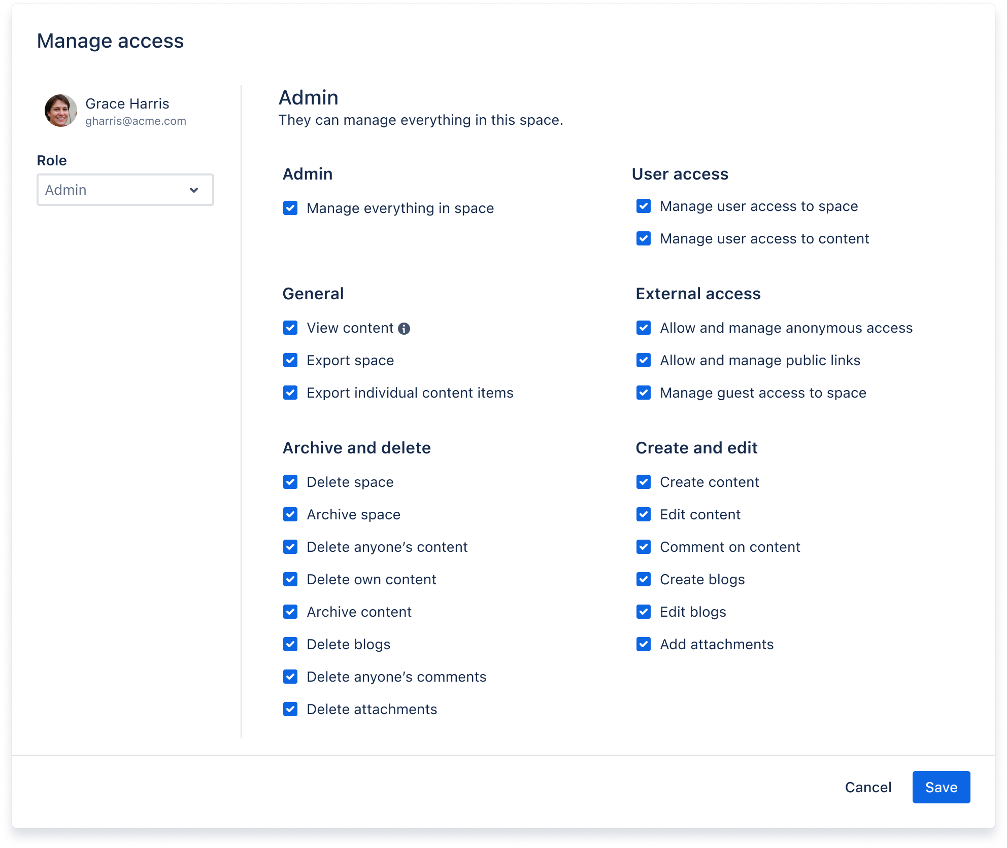 A view of Confluence's Manage access screen