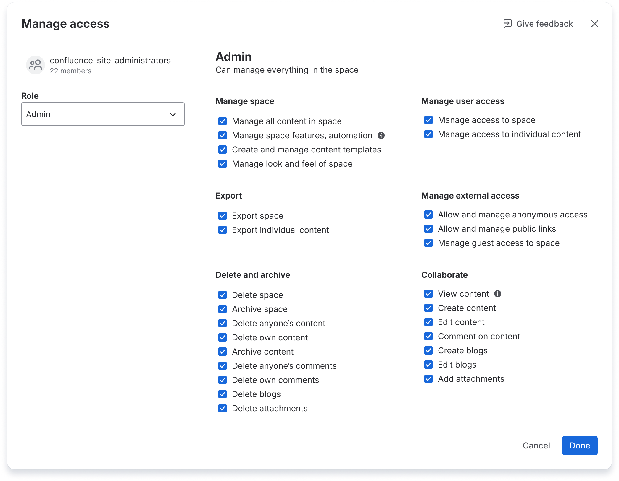 A view of Confluence's Manage access screen