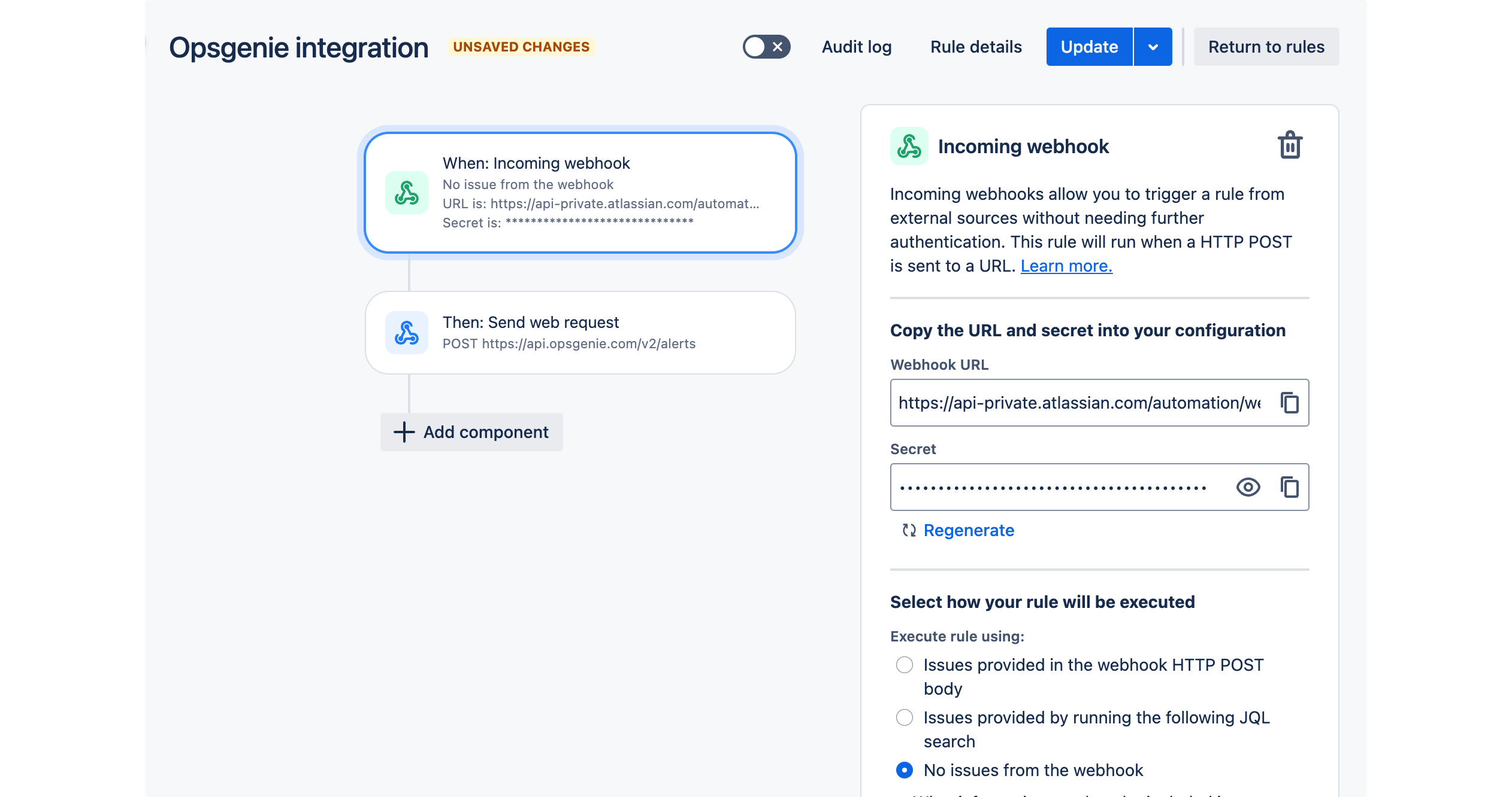 Jira automation screen showing webhook URL