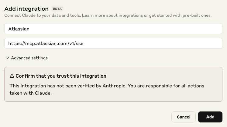 Claude.ai add integration screen