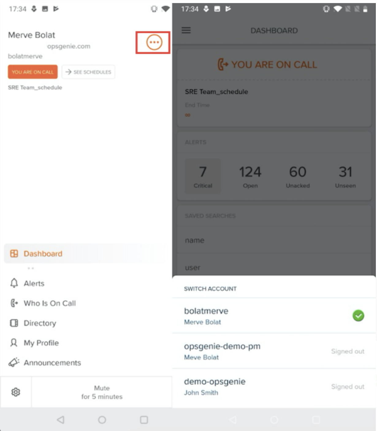 A screenshot showing how to switch accounts in Opsgenie's Android app.