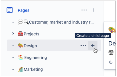 Hovering over the plus button next to a page in the space sidebar reveals a plus button that lets you create a subpage