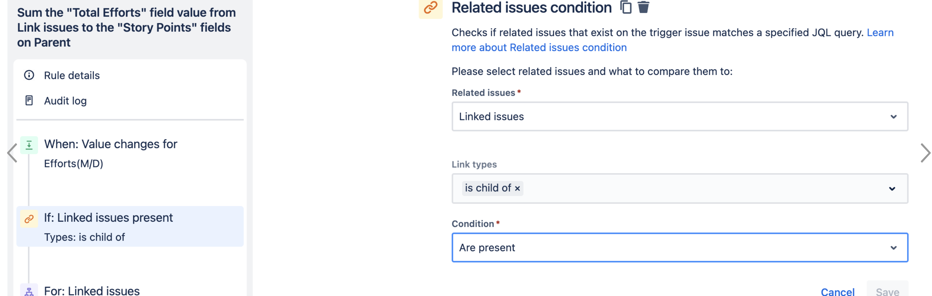 Sum the "total efforts" field value from linked issues to the story points field on Parent automation rule