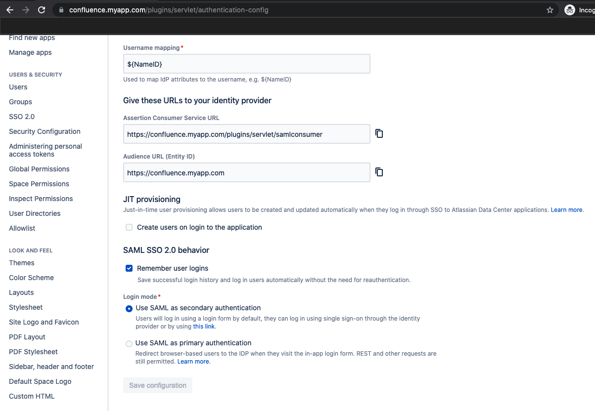 Screenshot showing the Confluence administration page. The current page shows SAML configuration settings - which includes a 'just in time'(JIT) provisioning option that is not selected. There are options for 'SAML SSO 2.0 behavior'
