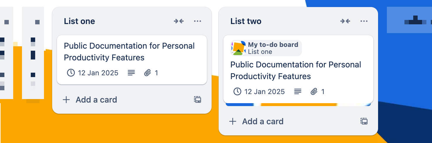 Two Trello similar cards on separate lists, one with with a special gray label that references the similar card on the board