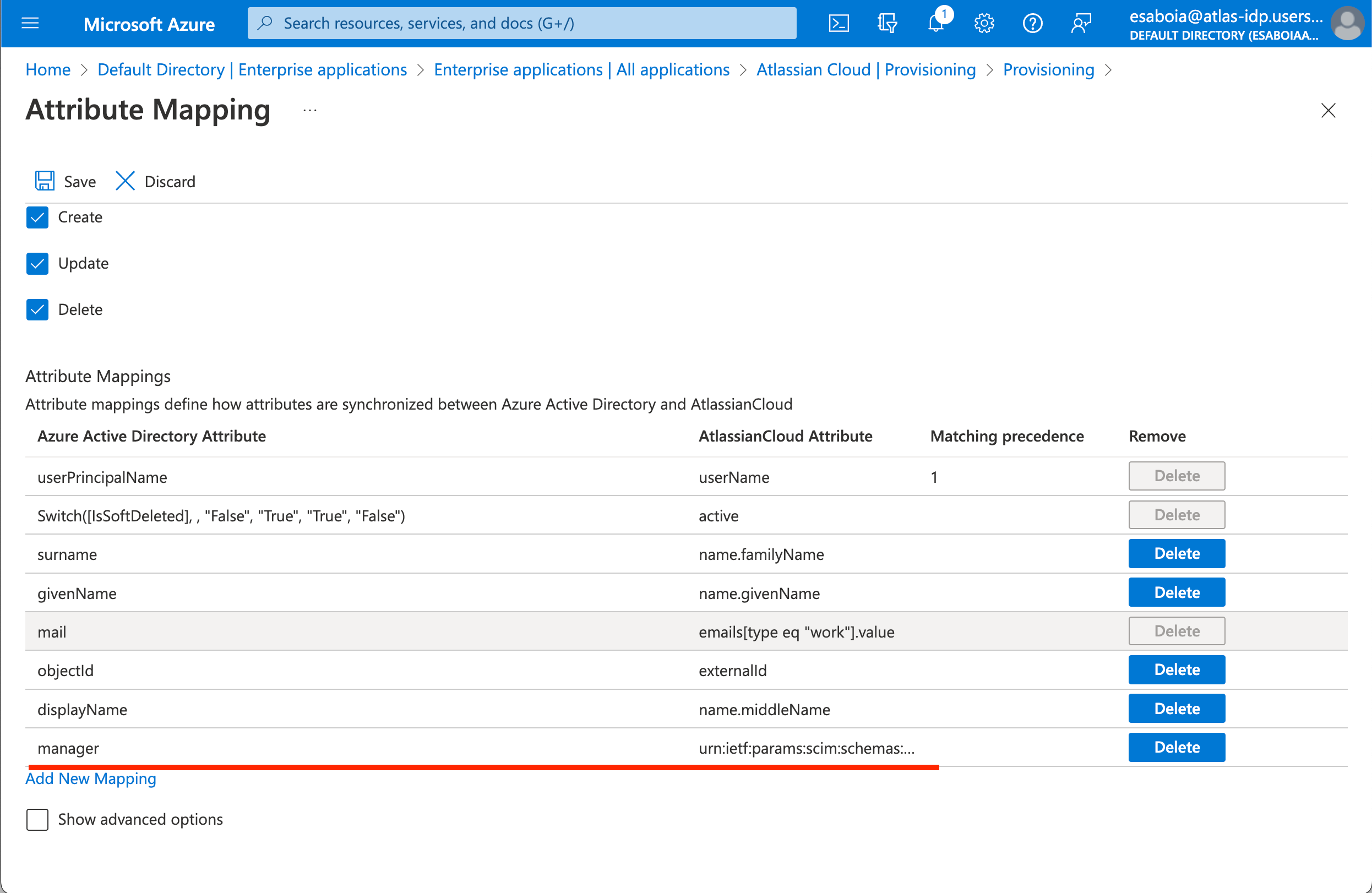 Screenshot of Azure AD showing the updated attribute mapping page.