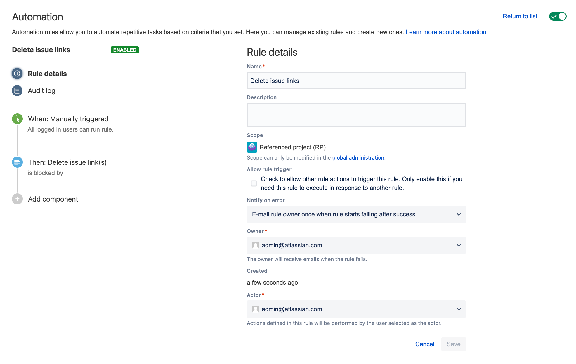 Preview of the automation rule's configuration in Jira Data Center.