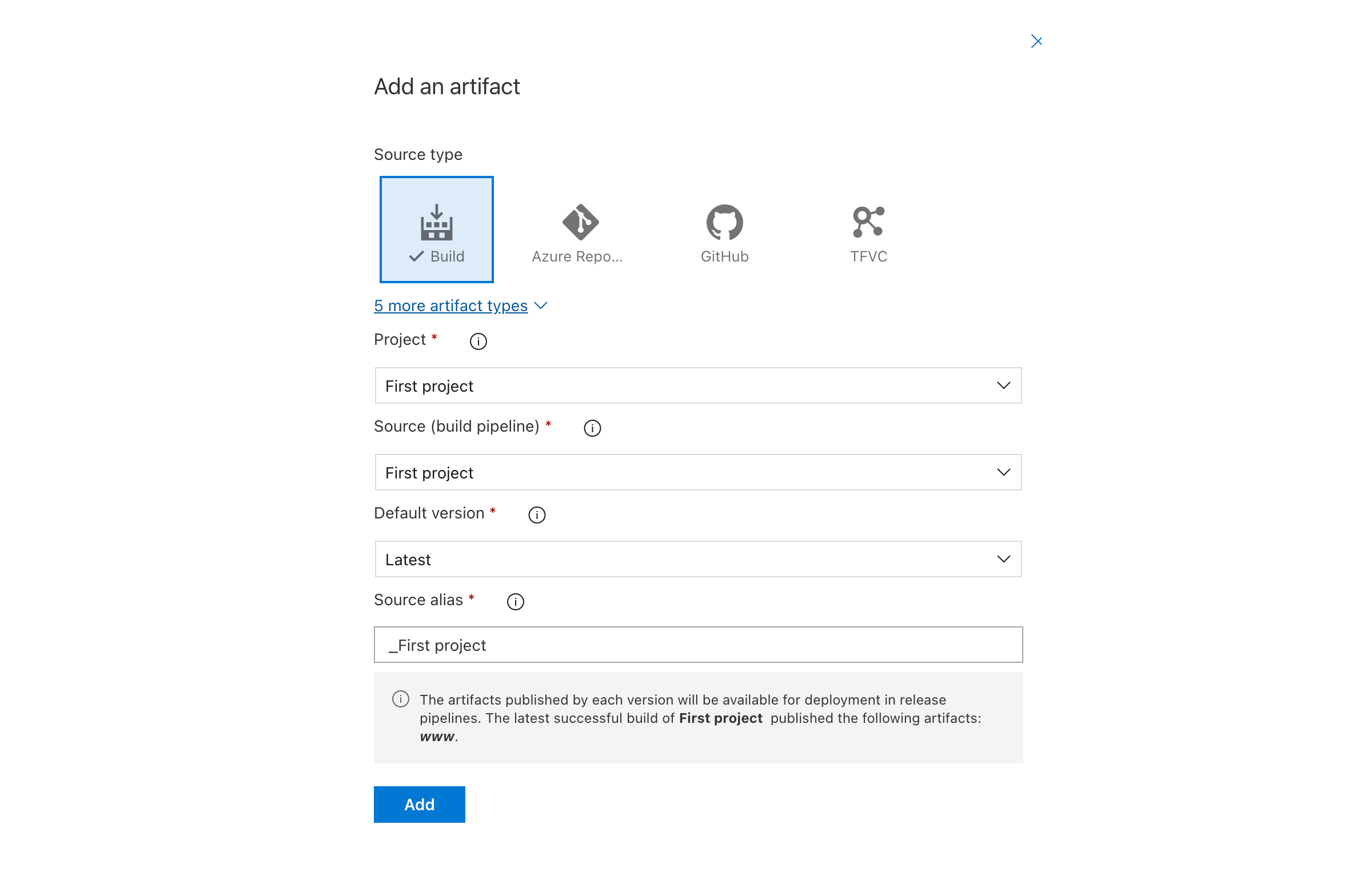 Artifact setting in the Azure DevOps release pipeline