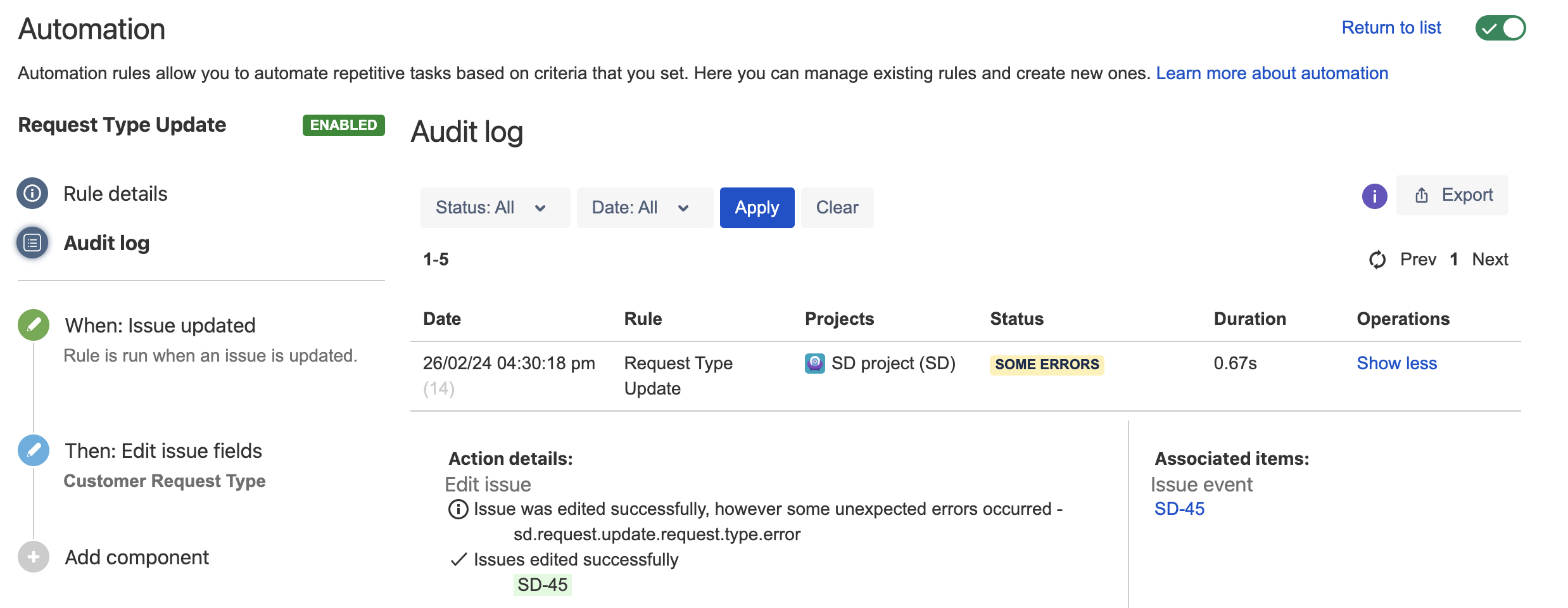 Audit log showing the error