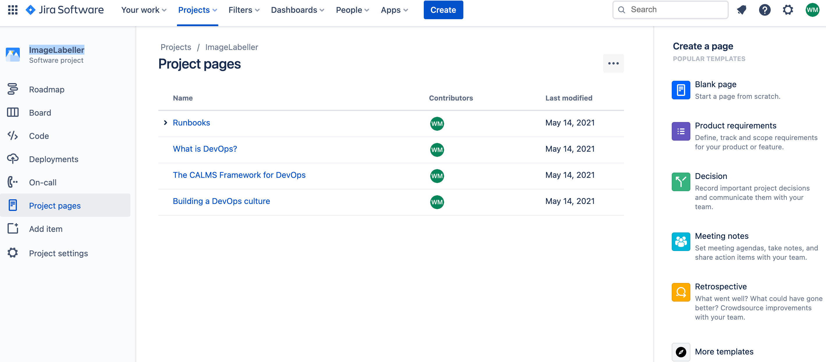 Jira projects pages showing related Confluence documents