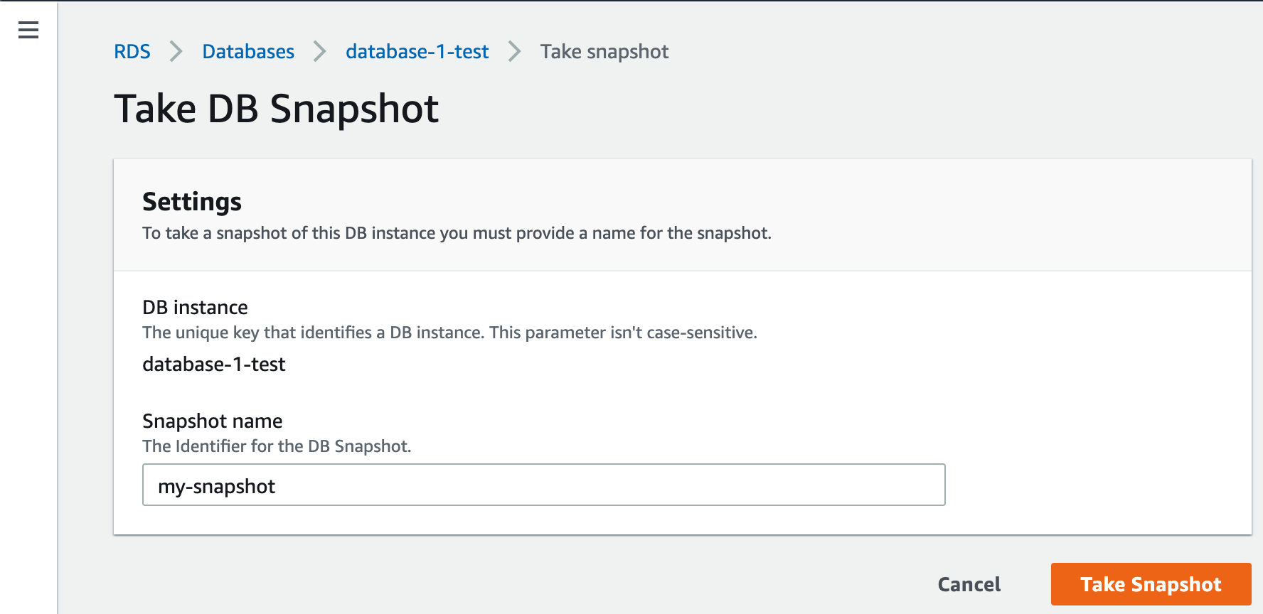 Screenshot showing 'Take DB Snapshot'. There is an option to 'Take Snapshot' or 'Cancel' the action