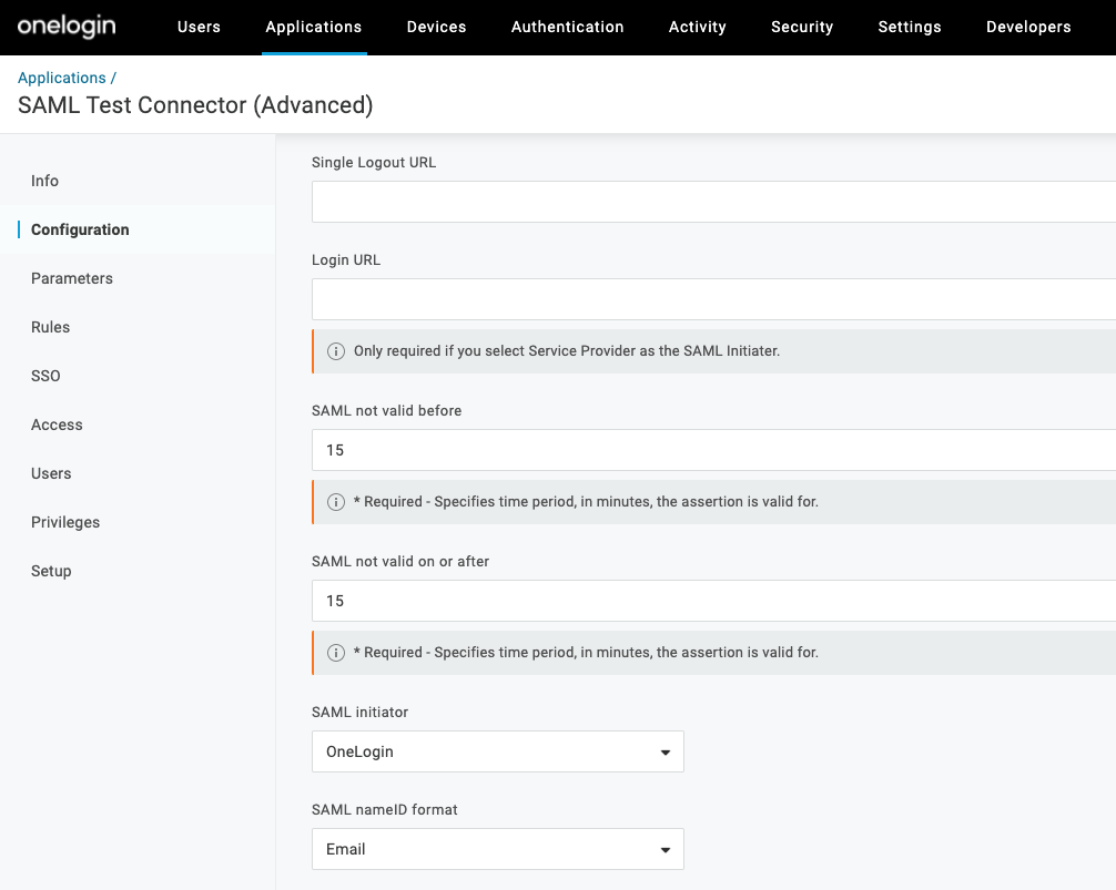 Screenshot showing SAML configuration settings in OneLogin including 'SAML not valid before' and 'SAML not valid on or after' values