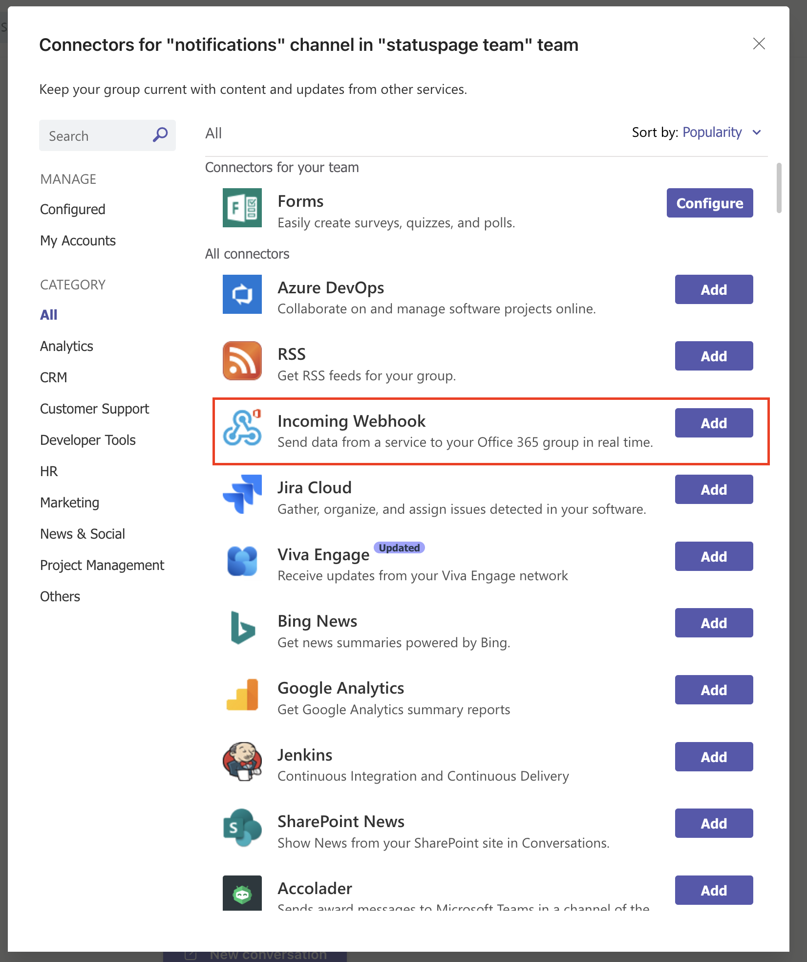 Set up Microsoft Teams integration Statuspage Atlassian Support