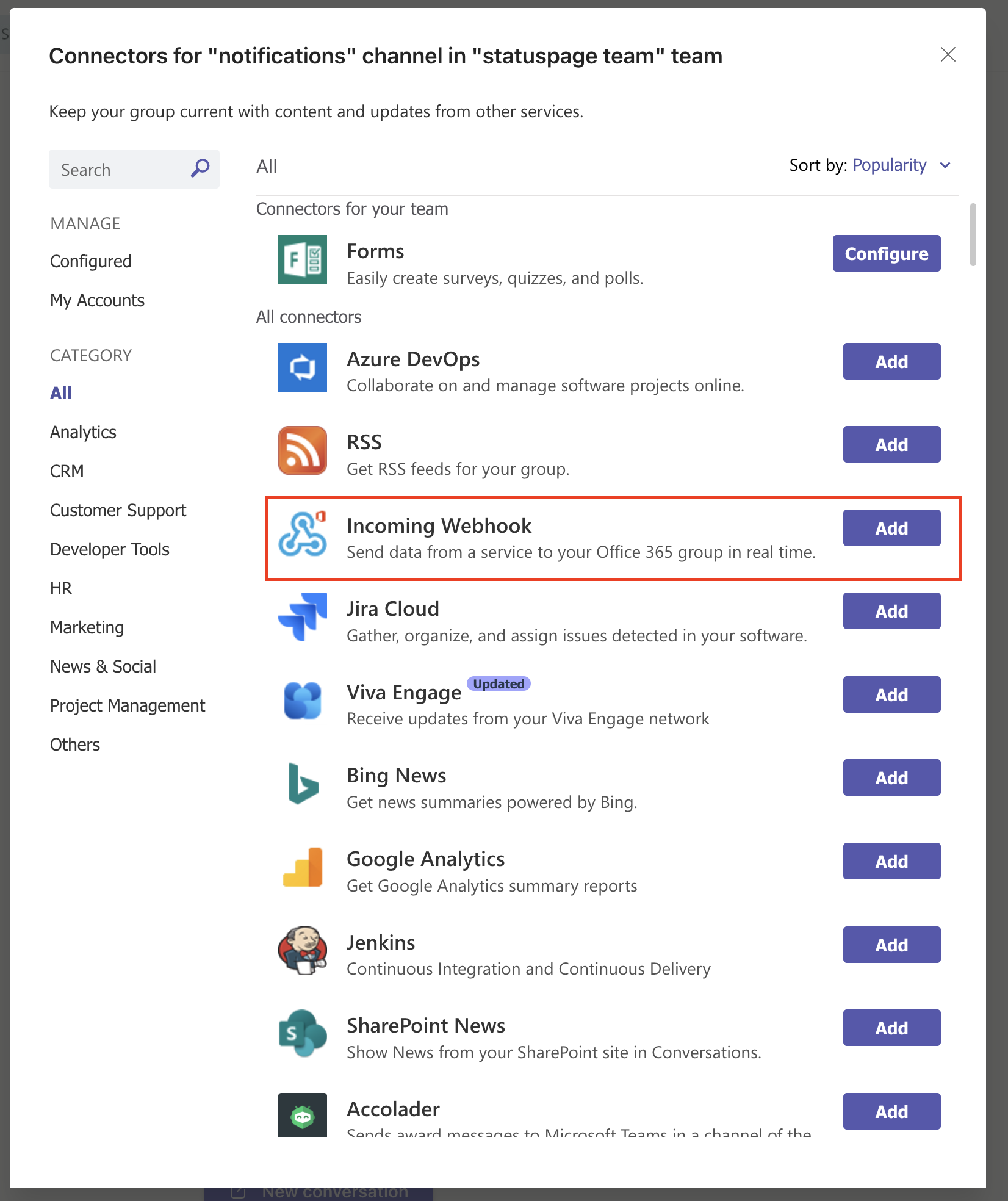 The Connectors list in Microsoft Teams showing the incoming webhook item with an Add button to the right.