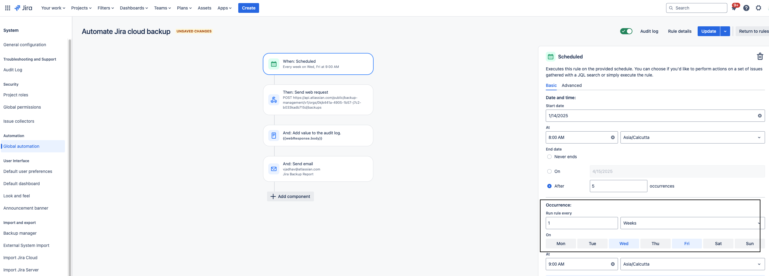 "Scheduled" trigger configuration page showing various settings for date, time, occurrence, etc. for when the automation rule will be triggered. Configure settings as required