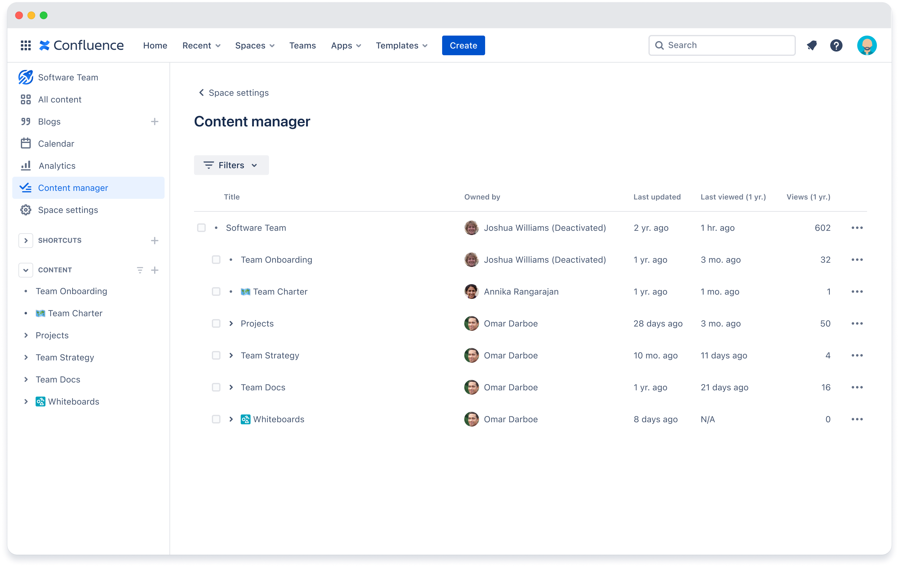 The content manager table upon landing. No titles are selected. A Filters dropdown appears top-left above the table.