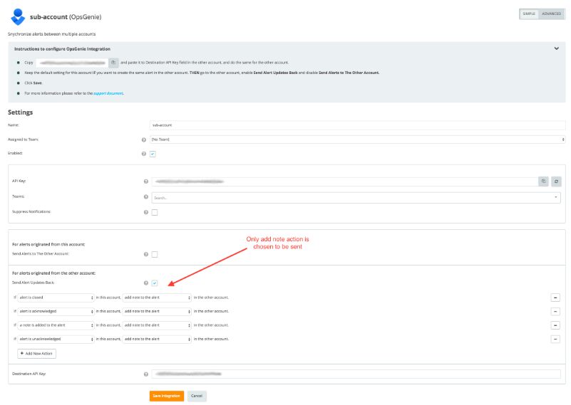 A screenshot of configuring alert actions in a sub-account when integrating Opsgenie with another Opsgenie.