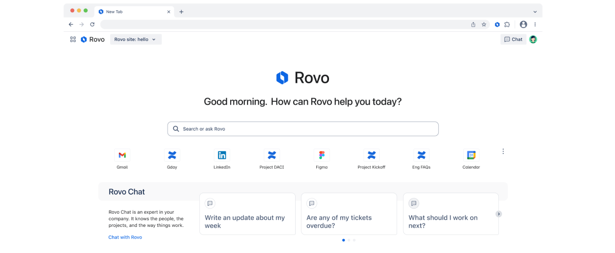 Screenshot of the new tab page of the Rovo browser extension