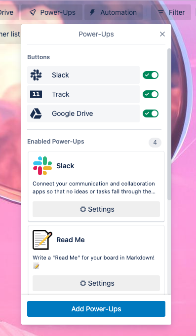 Screenshot of the Power-Ups menu open on a Trello board