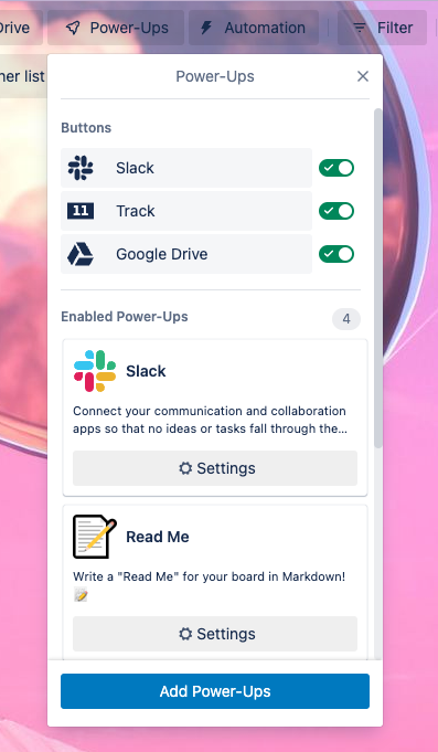 Trello ボードで開いている [Power-Up] メニューのスクリーンショット