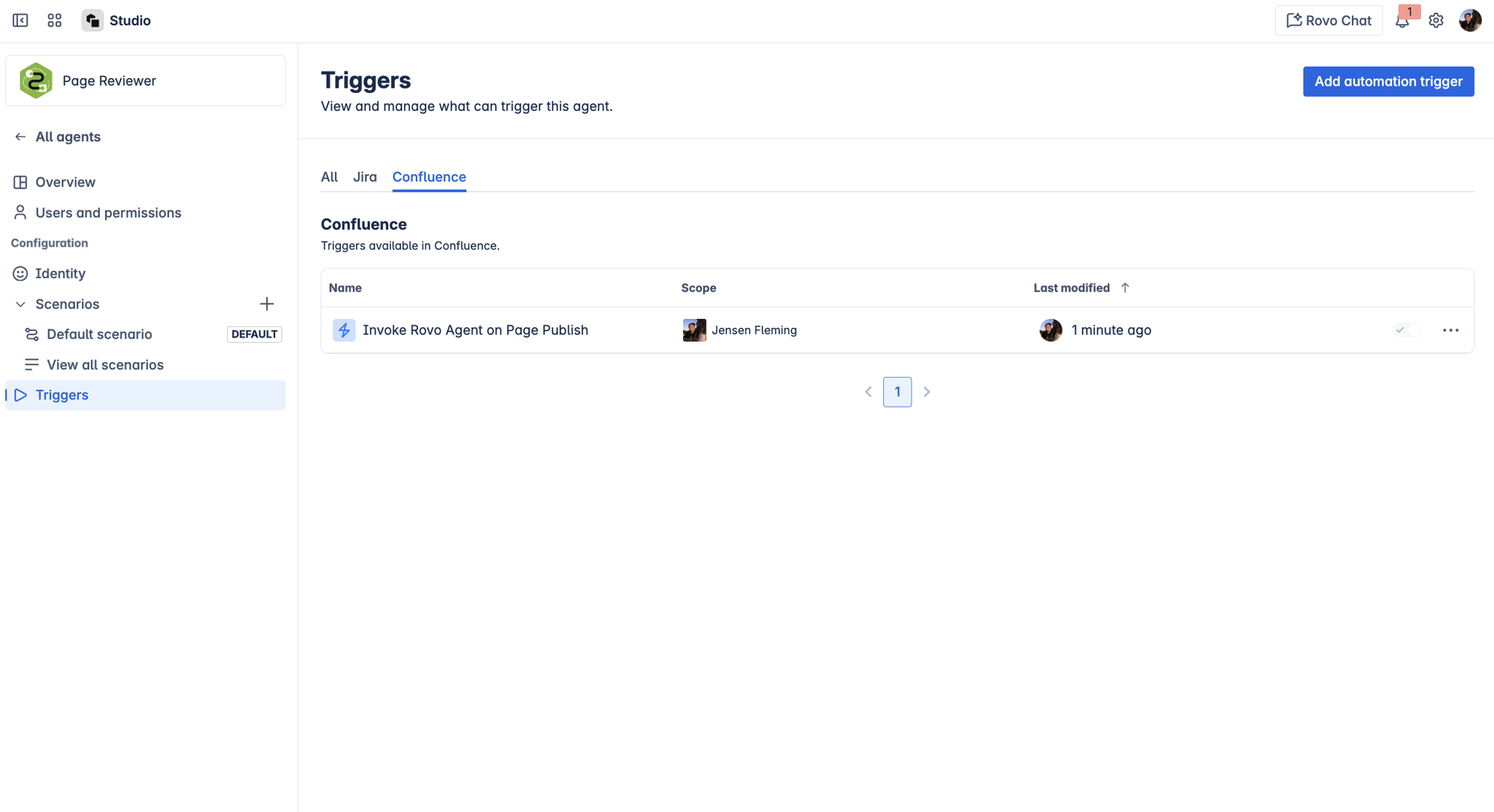 An agent's settings show a rule that can trigger it in Confluence