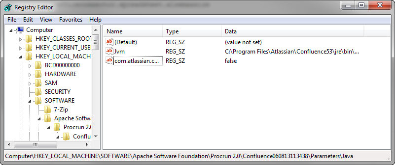 Registry editor - showing some Confluence registry keys
