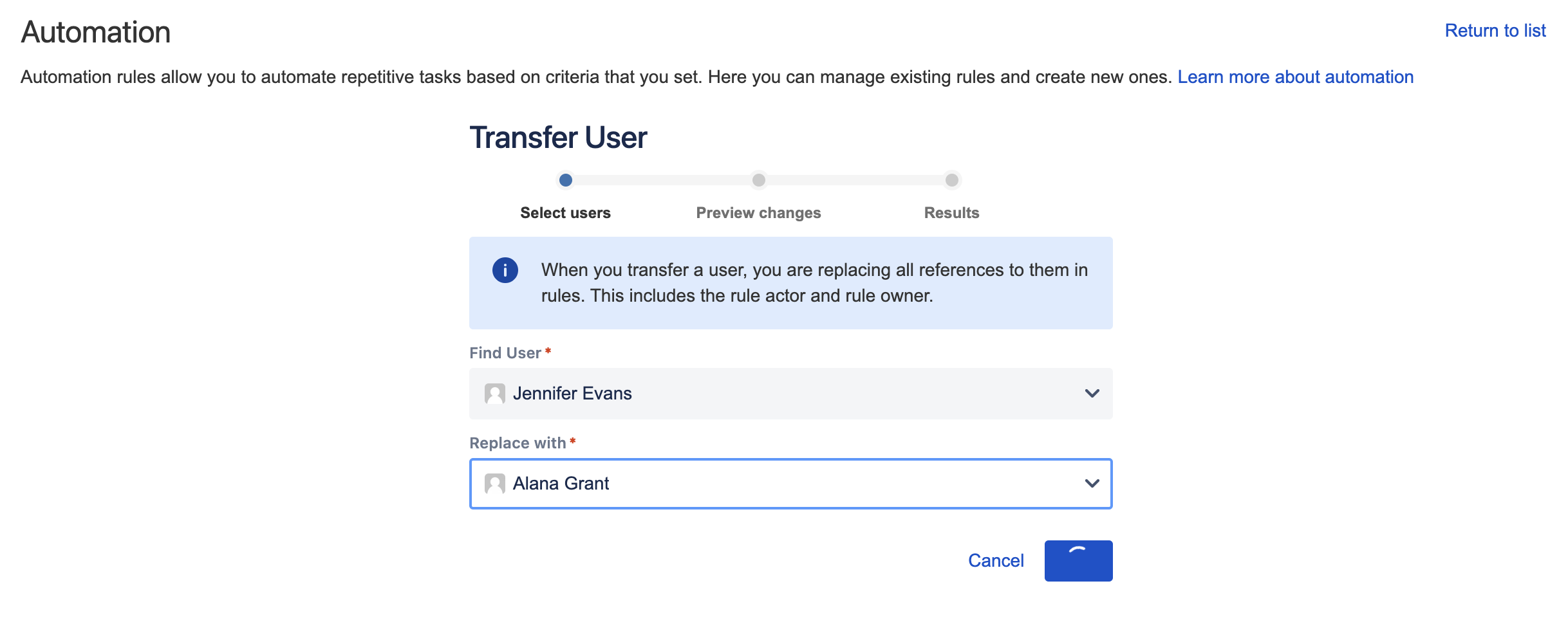 Automation for Jira - ユーザーの移行が失敗する - 応答しなくなったユーザーの移行のユーザー インターフェイスの画像。