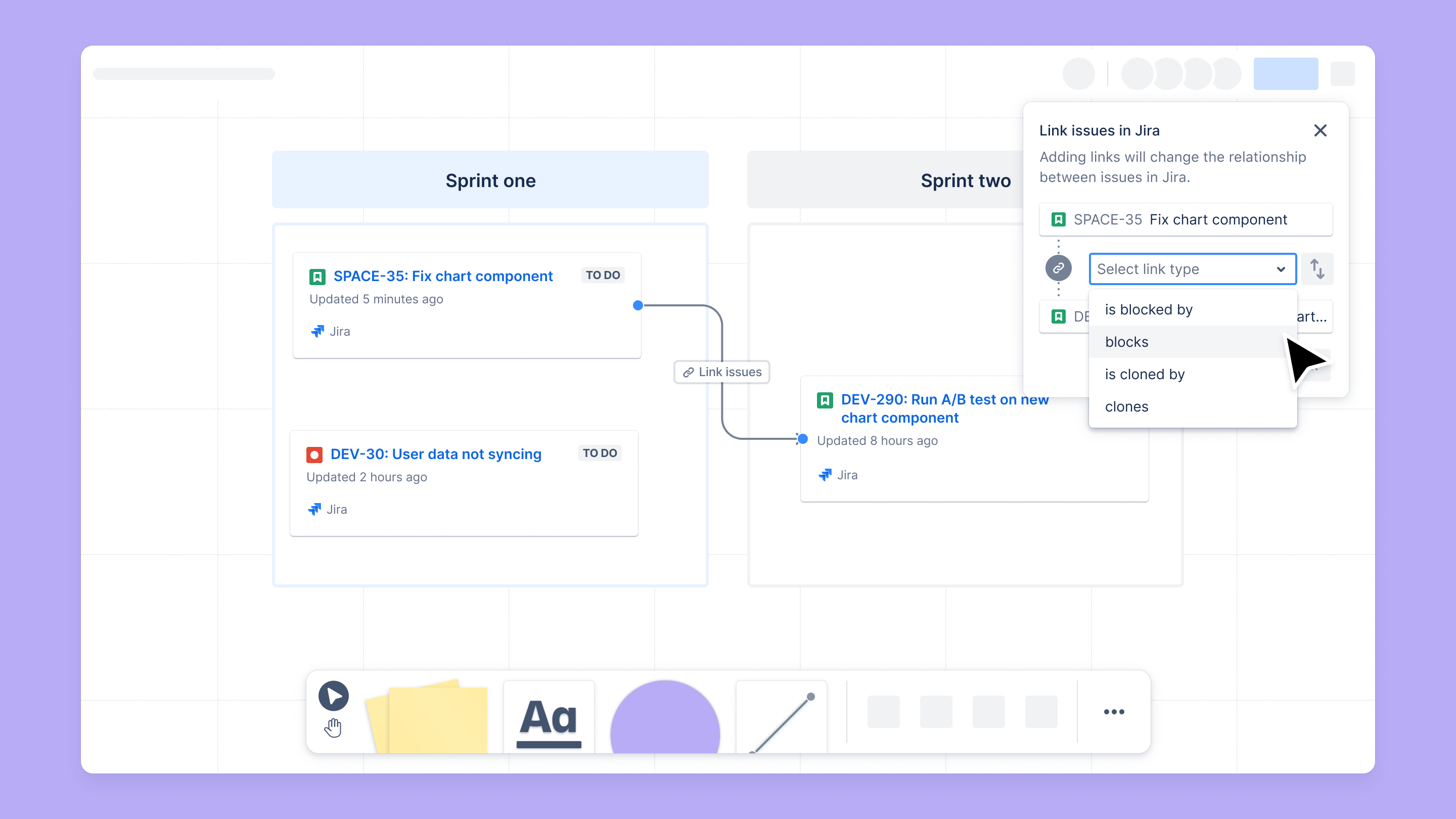 Creating a link between Jira issues on the whiteboard