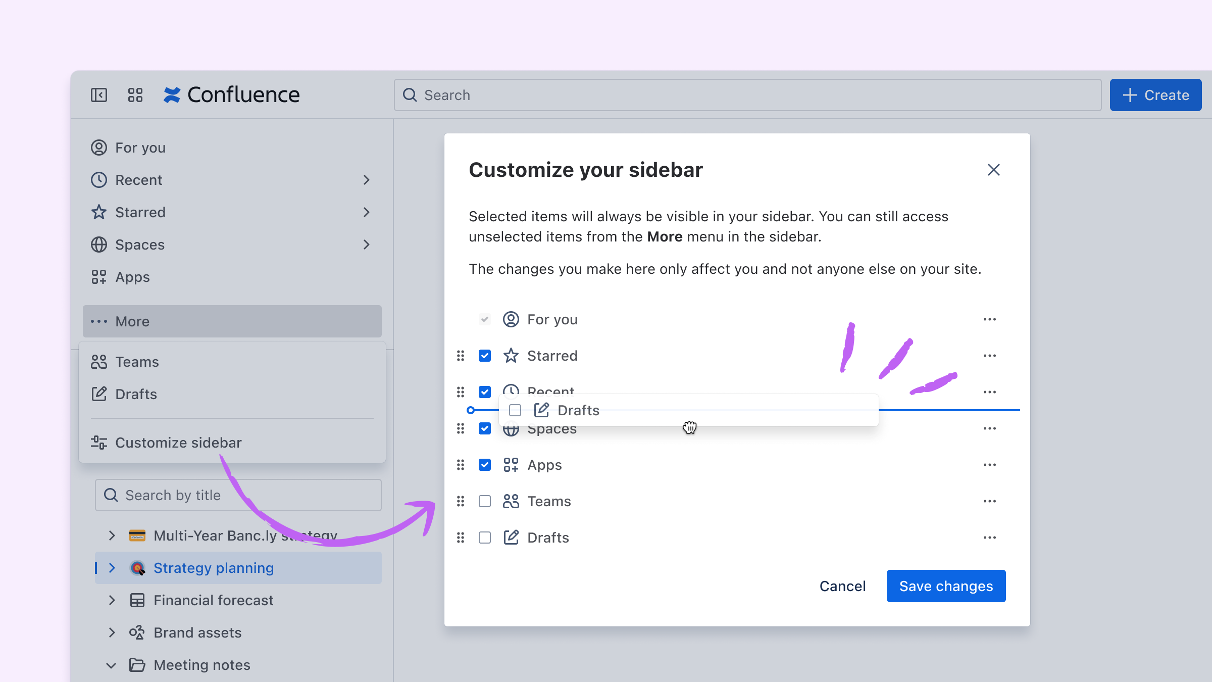 Annotated screenshot of customizing the sidebar in Confluence