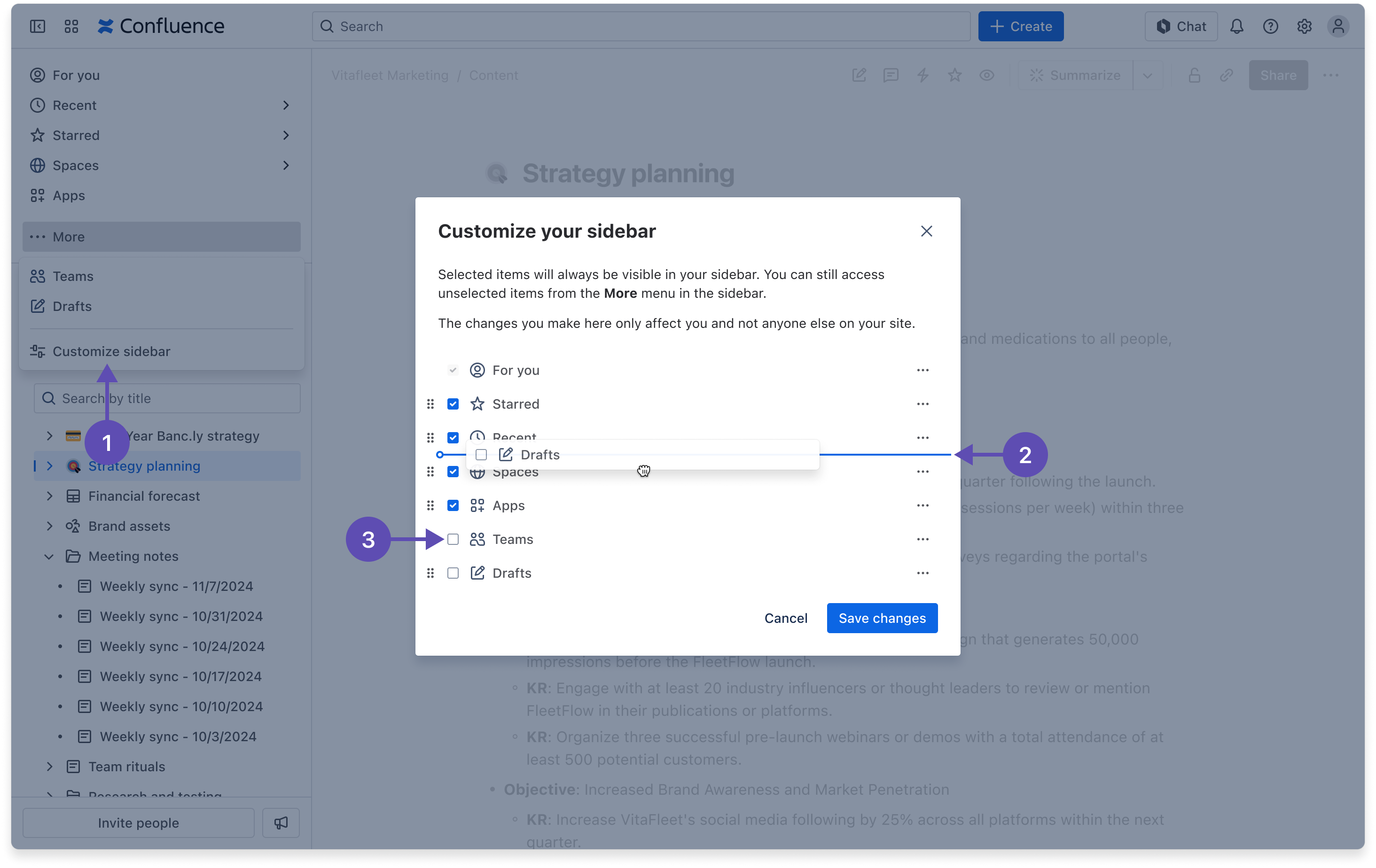 Annotated screenshot of customizing the sidebar in Confluence