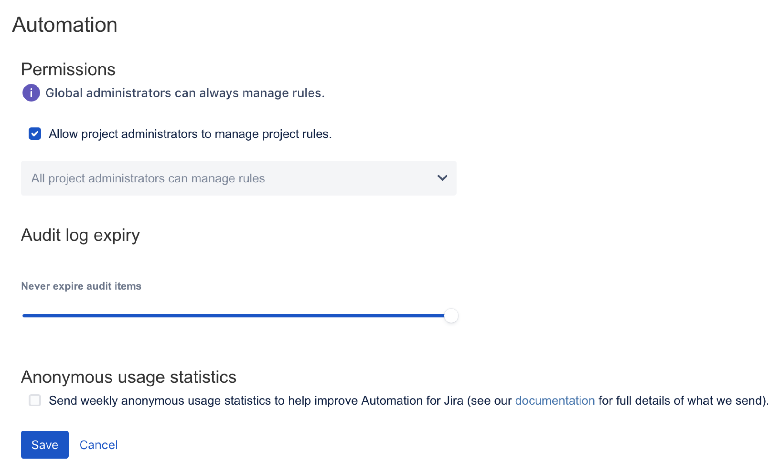 Jira の自動化 Server における匿名の使用統計