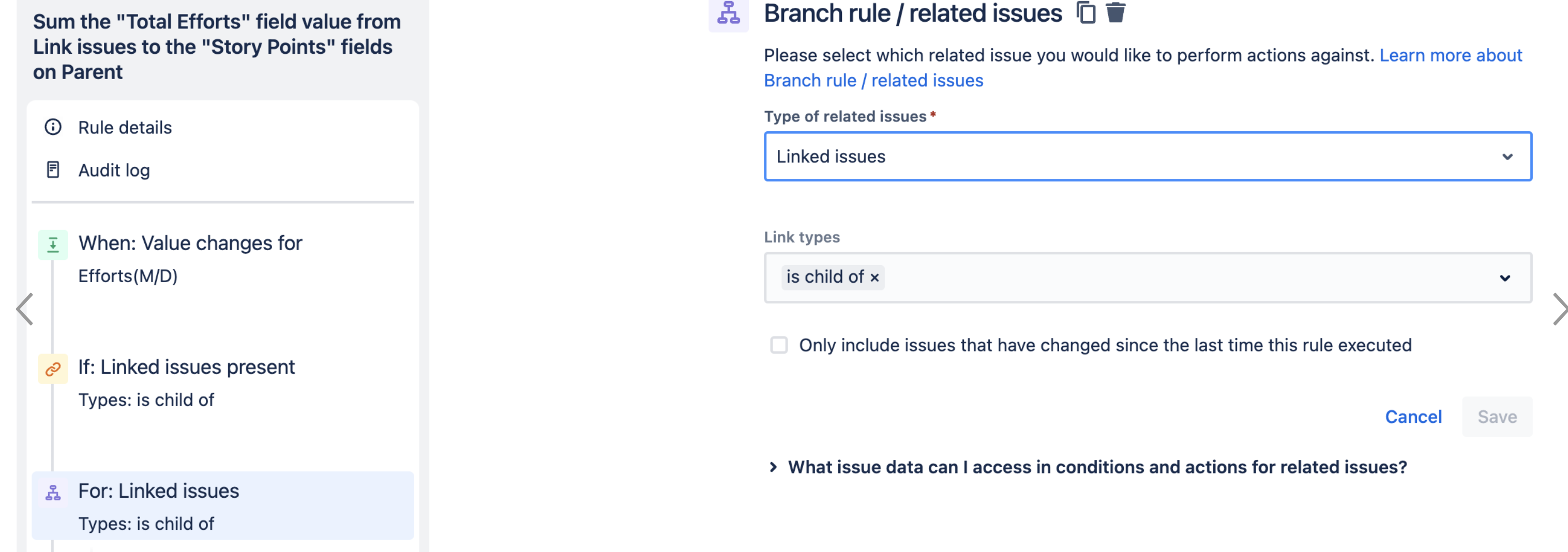 Sum the "total efforts" field value from linked issues to the story points field on Parent automation rule