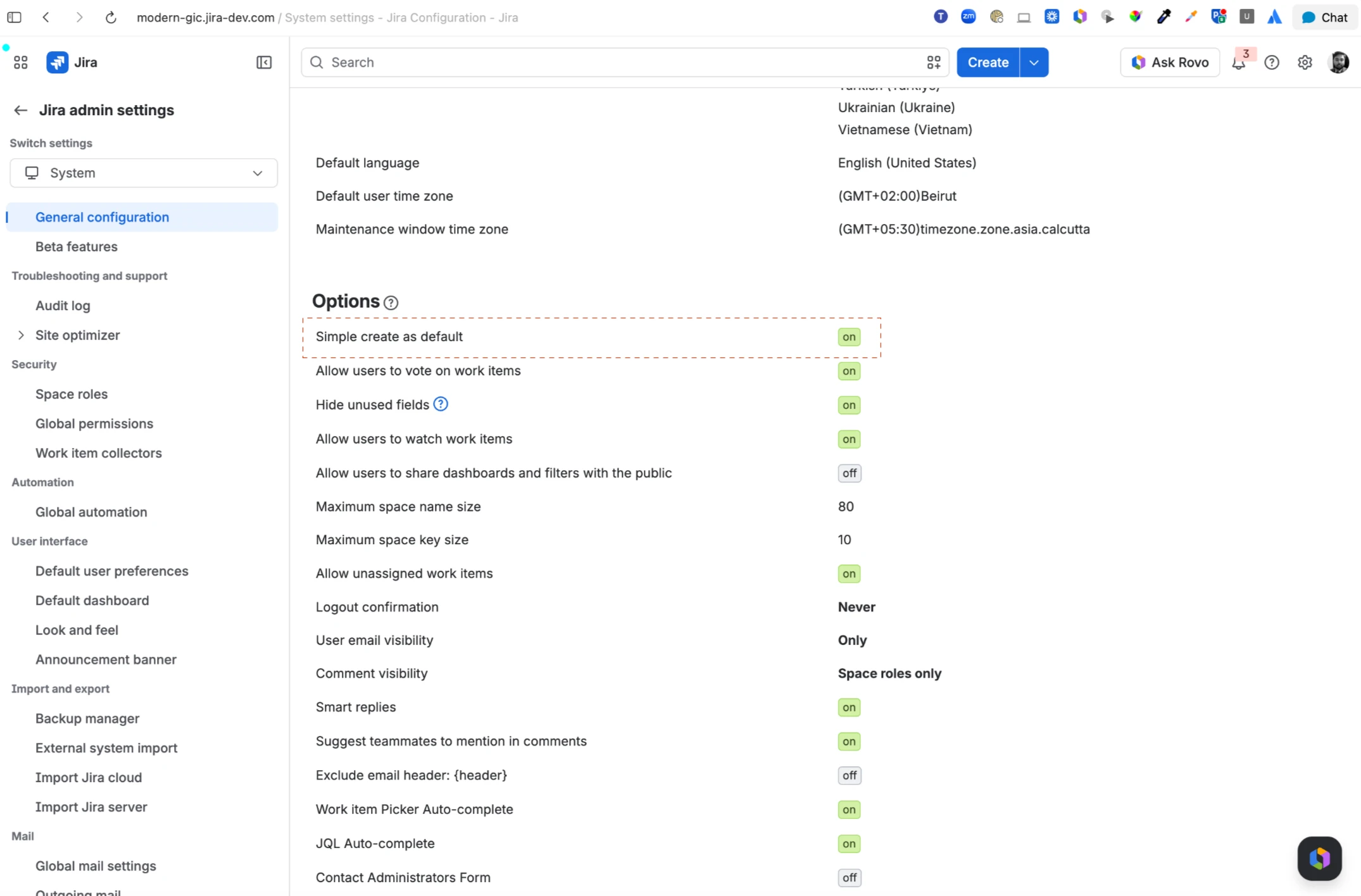 Jira admin settins with Simple create as default highlighted