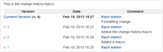 See how the change history macro looks when inserted into a page