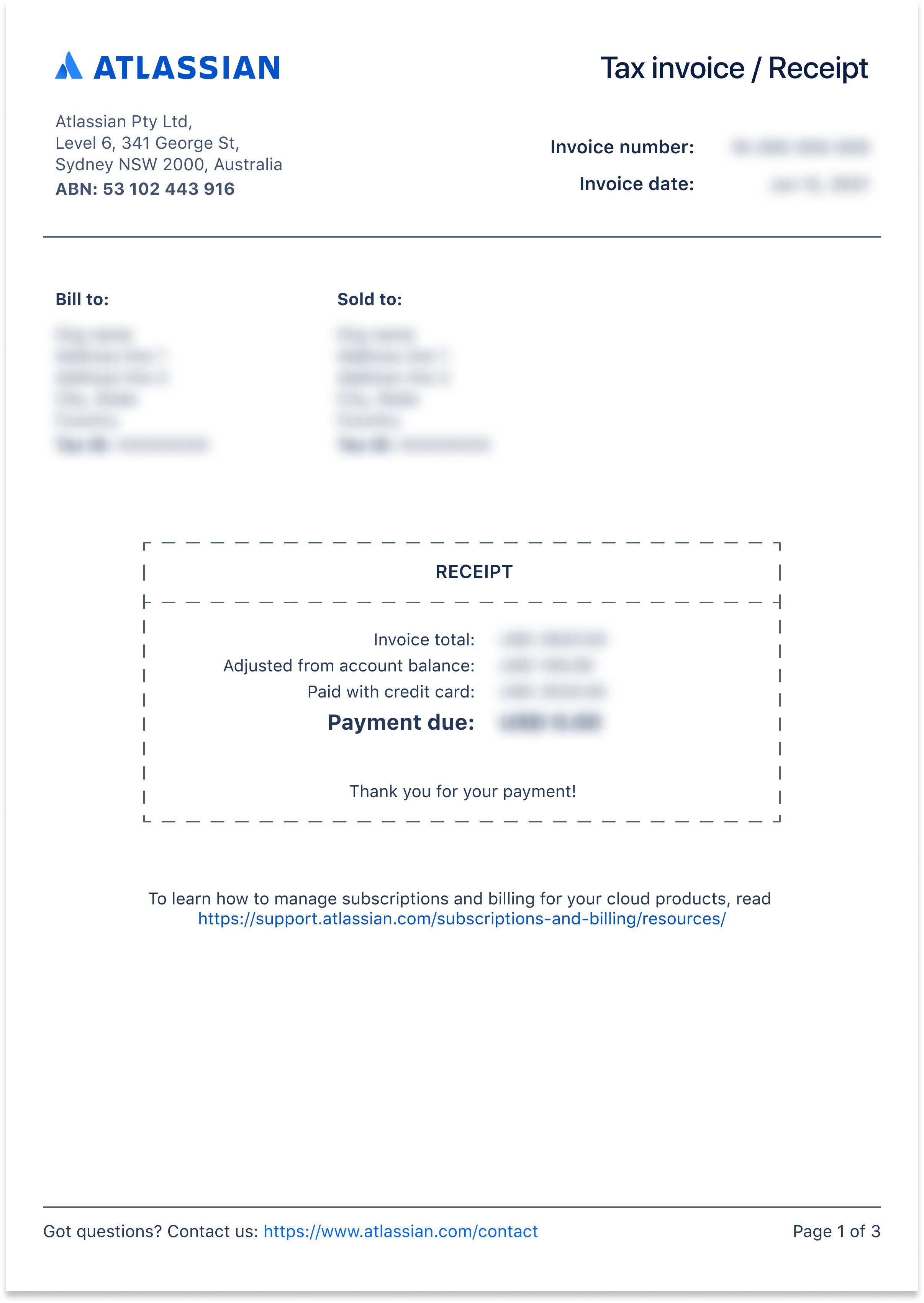 First page of a receipt showing invoice details, billing details and the amount due.