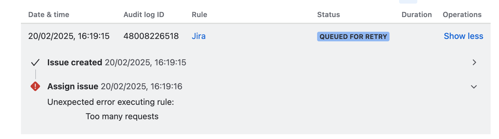 Example of specific rule queued for retry in Atlassian Automation