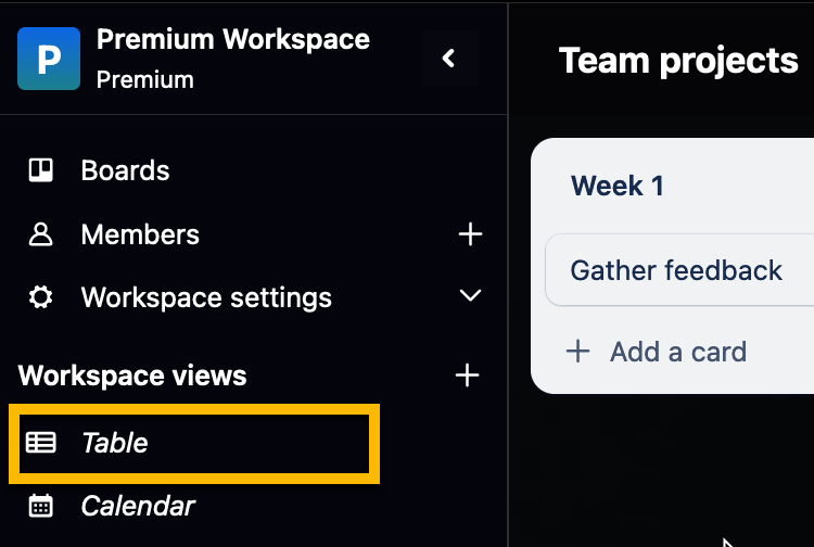 Workspace Table View sidebar navigation