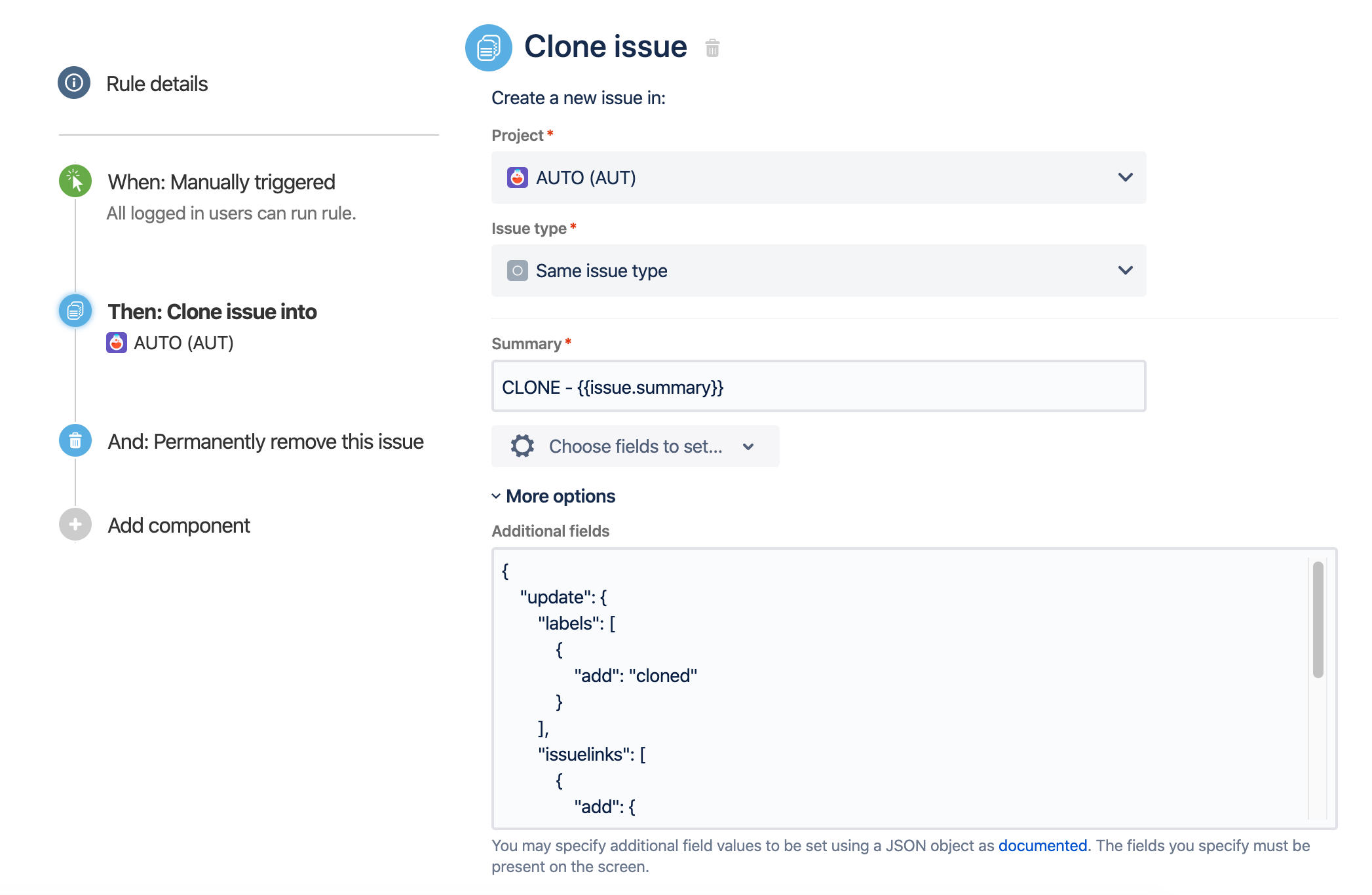 Rule configuration in Jira cloud. It shows a Manual trigger, Clone issue action, and Delete issue action.