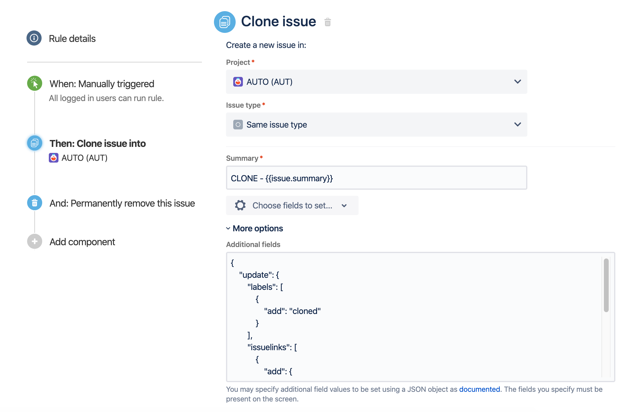 Jira Cloud のルール設定。[手動] トリガーと、[課題を複製]、[課題を削除] の各アクションが示されています。