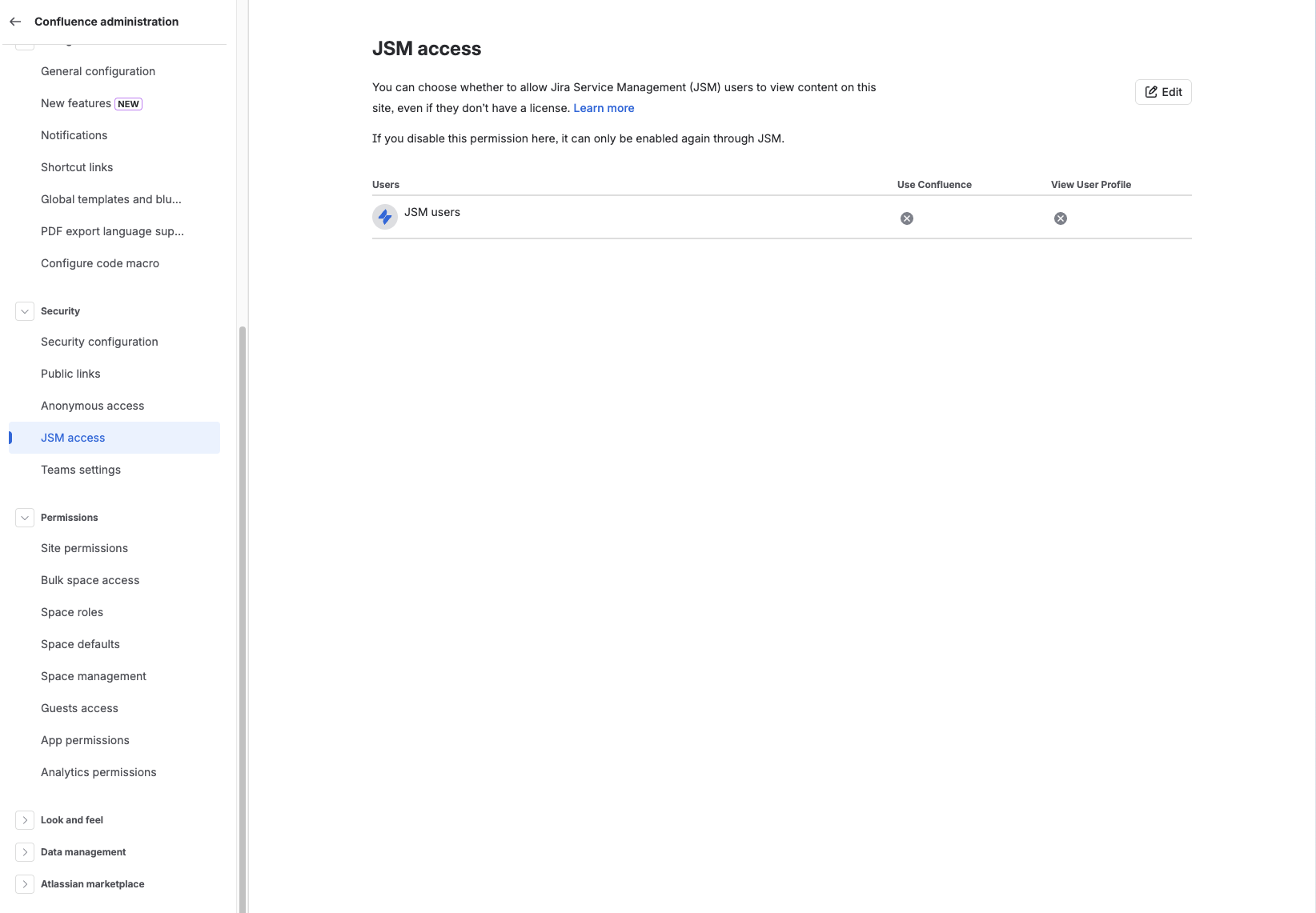 JSM access tab within the Confluence Admin user interface