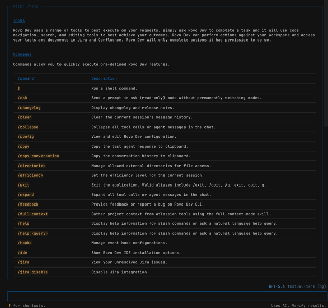 Rovo Dev can show all commands and additional help with the /help command