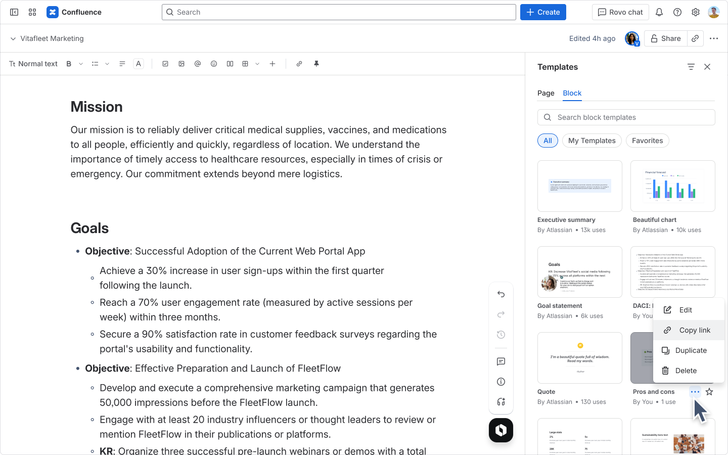 Copy link action for sharing a block template