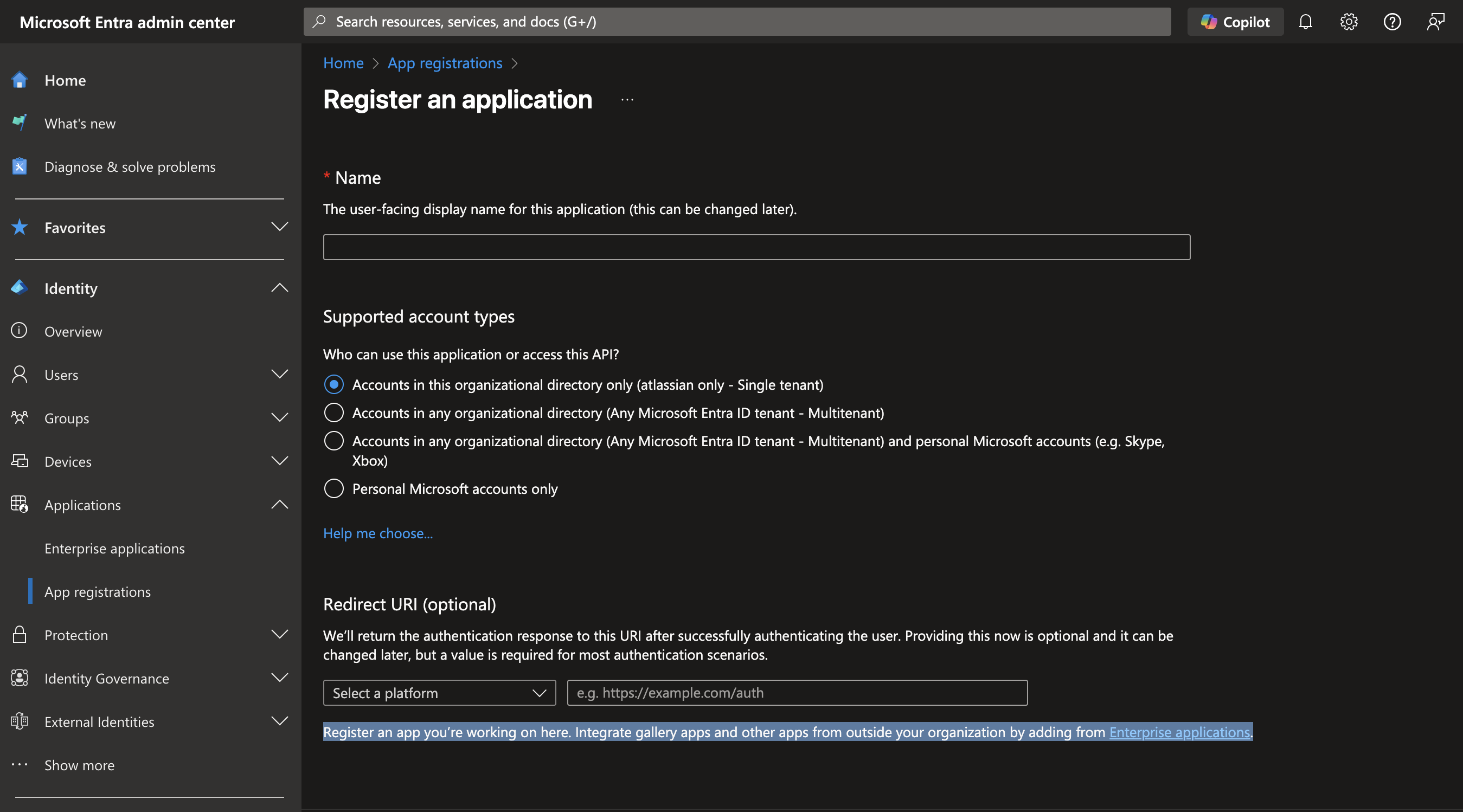 Register an application page in Microsoft Entra with fields for Name, account types, and Redirect URI.