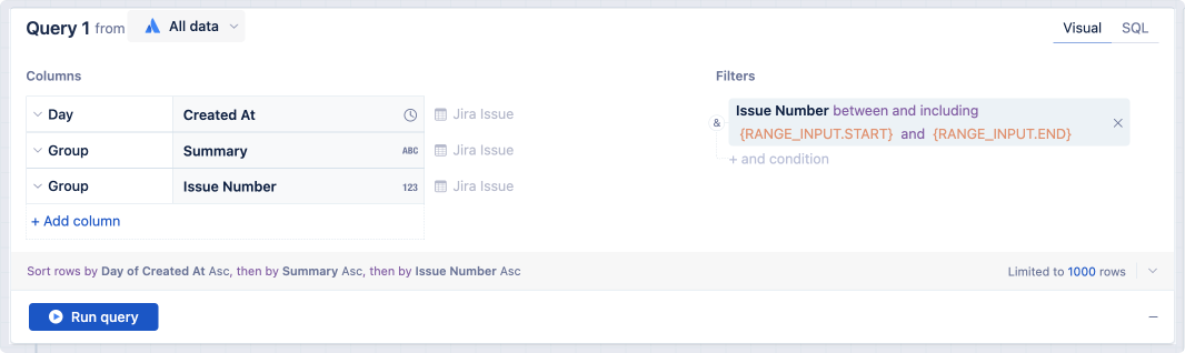 Using a Range input control to filter the Issue Number column in a visual mode query.