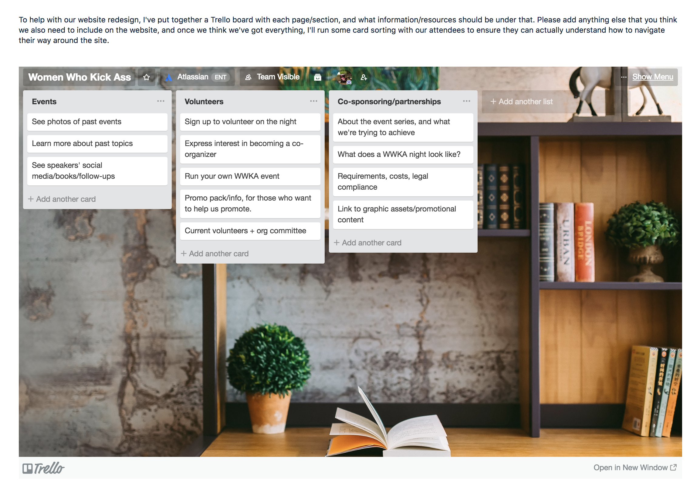 A Trello board embedded in a Confluence page