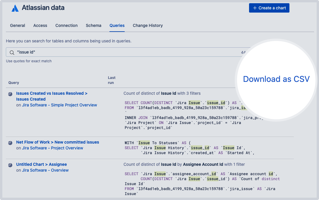 Highlight of the button to download query search results as a CSV