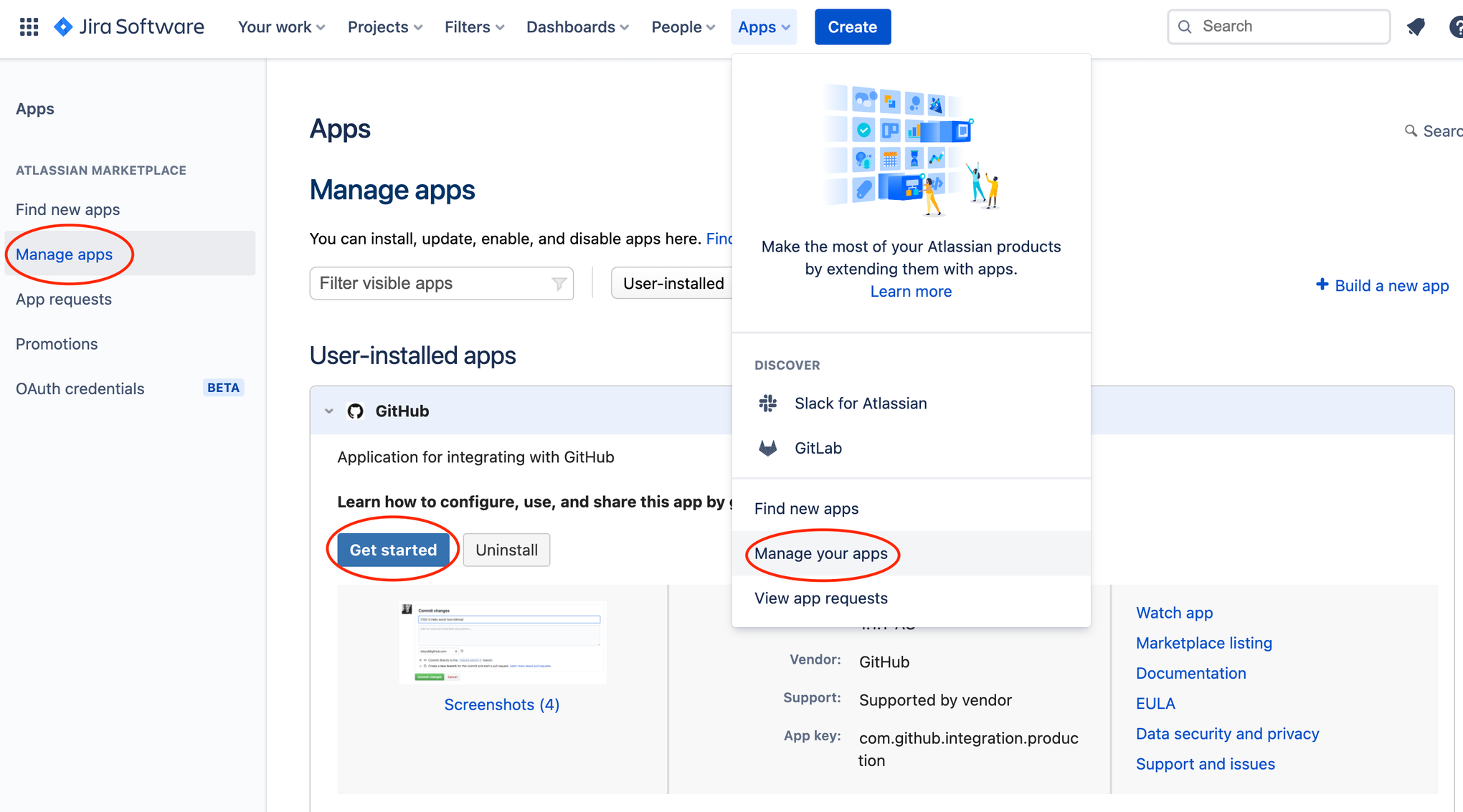 screenshot of manage apps options in jira
